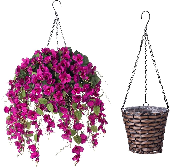 Artificial Fake Hanging Hibiscus Flowers Plants Baskets for Outdoor Decoration, Faux Silk Hibiscus Long Vines in Planter UV Resistant Realistic Flowers for Outside Porch Patio Home Decor(Purple 2)