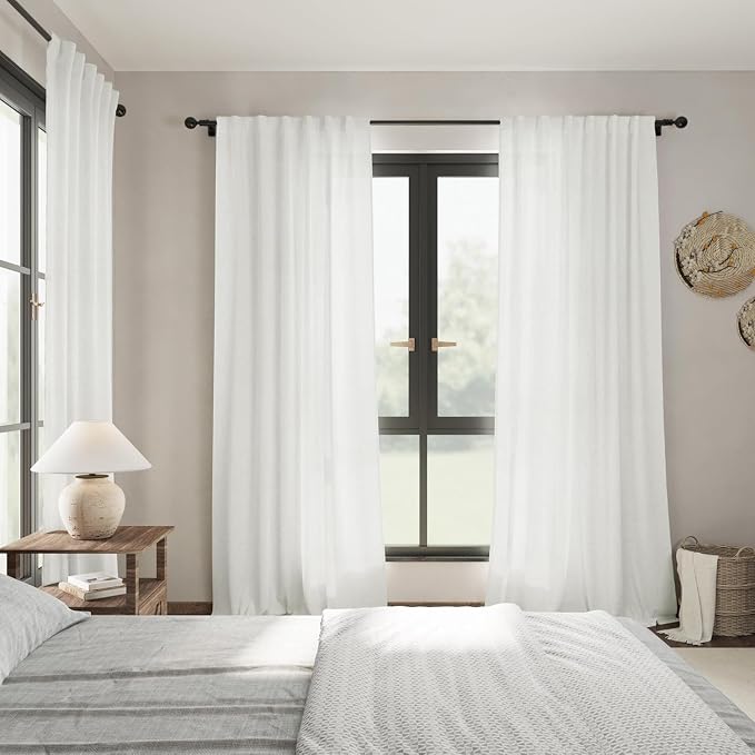 Off White Linen Curtains 90 Inches Long for Living Room Back Tab Rod Pocket Semi Sheer Light Filtering Neutral Solid Drapes Modern Rustic Farmhouse Decor Curtains for Dining Room 2 Panels Set 40x90