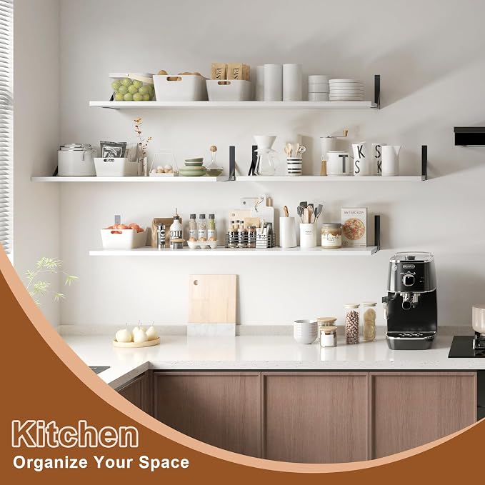 Large Wall Shelves, 31.5" W x 12" D Long Floating Shelves Set of 2, Wide Display Wood Shelf Wall Mounted with Heavy-Duty Metal Brackets for Bedroom Books, Living Room, Kitchen, White