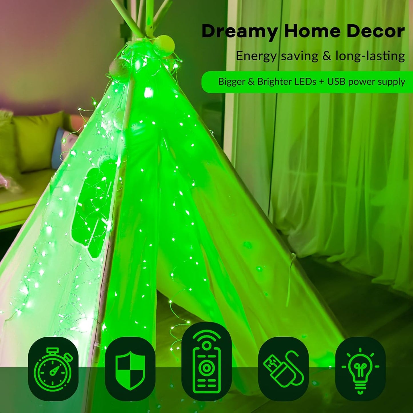 HXWEIYE 300LED Green Fairy Curtain Hanging Lights with Remote 8 Modes Timer for Bedroom, 9.8x9.8Ft USB Plug in Christmas Fairy String Lights for Outdoor, Weddings, Party, Garden, Wall, Decorations