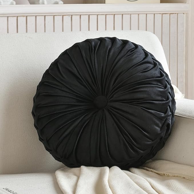 Teieas 2 Pcs Round Throw Pillows Decorative Pumpkin Velvet Boho Pleated Bed Pillows Back Support for Couch Chair Dorm Car 14.96'' (Black)