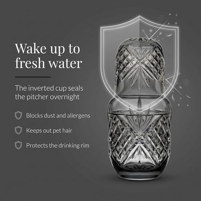 Godinger Bedside Night Carafe, Water Pitcher with Cup, Water Carafe - Cup and Bottle to Keep Next To Your Bed for a Handy Midnight Drink