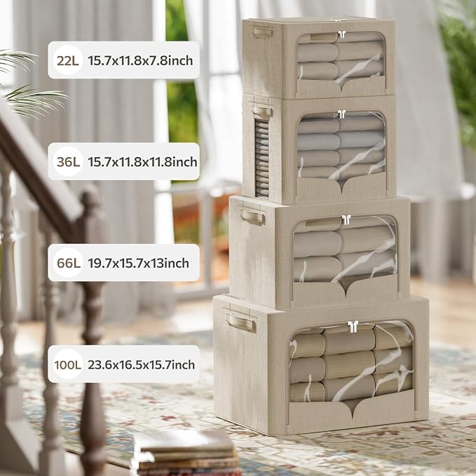 FHSQX 3 Pack Clothes Storage Bins - Foldable Metal Frame Storage Box - Stackable Linen Fabric Container Organizer Set with Carrying Handles and Clear Window (Beige, 15.7x11.8x7.8inch(22L))