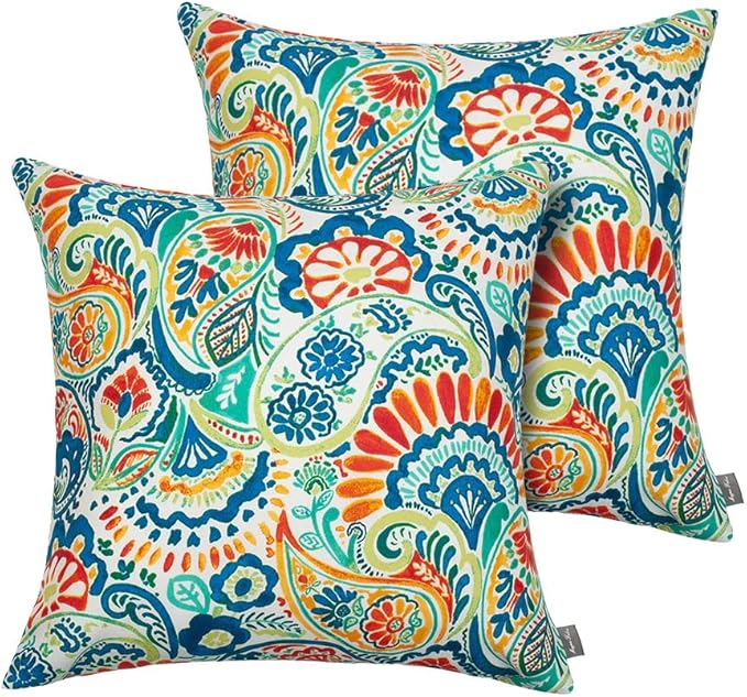 Magpie Fabrics Patio Pillow with Insert 18"x18", Set of 2, Fade-Resistant Outdoor Indoor Cushion Decorative Throw Pillow Decoration for Couch Garden Furniture - Paisley Multi
