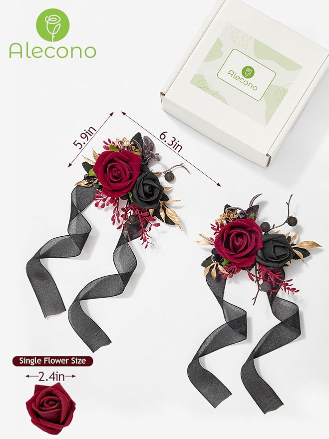 Alecono Set of 2 Wrist Corsage for Wedding, Burgundy and Black Corsages for Bride Bridesmaid, Artificial Flowers for Prom Graduation Ceremony Anniversary