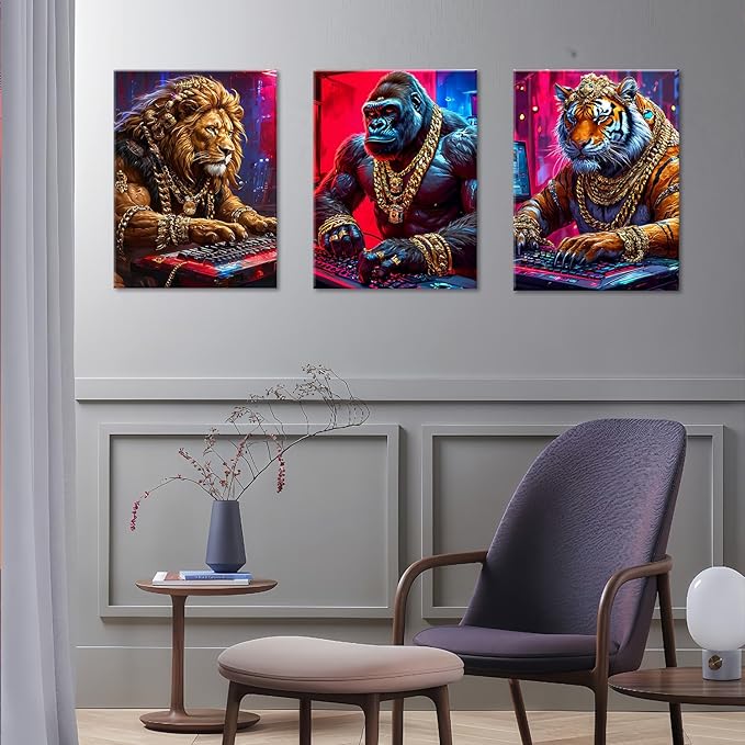 Animal & Tech-Inspired Wall Art Prints-Vibrant Tiger,lions Gorilla & Game Design Poster,Cyberpunk neon Electronic Game Style Painting Canvas Picture,for Boy Teen Men Bedroom Playroom, Framed 16X24inX3