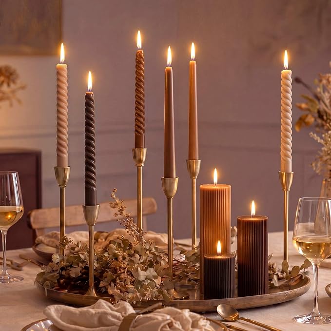 Conelist 9 Pcs Modern Decorative Candles Set, 3 Pillar Aesthetic Ribbed and 6 Spiral Taper Twisted Candles, Unscented Soy Wax for Wedding Holiday Dinner Home Decor(Brown)