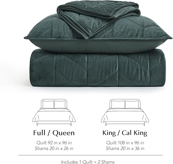 EVERGRACE 3 Pieces Luxurious Velvet King Quilts, Ultra Soft Lightweight Velvet Comforter Set, Matelasse Oversized Bedspread Coverlet for All Season with 2 Shams, Forest Green, 108"x96"