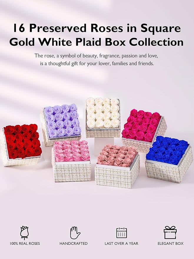 Eterfield Forever Flowers Preserved Roses Real Roses that Last Over a Year Rose Box Gifts for Her Mothers Day Valentines Day Christmas (Square Gold White Plaid Box, 16 Light Purple Roses)