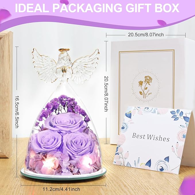 Flowers for Delivery Birthday Gifts for Women Gifts for Mom Grandma Mothers Day Fresh Preserved Flowers Forever Real Roses in Glass Angel Figurines Anniversary Present for Wife Her Friends Daughter