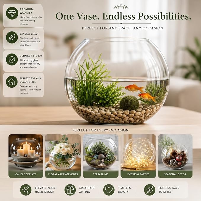 Glass Bubble, 6" Height x 8" Width Glass Fish Bowl Vase, Bubble Bowl vase for Terrarium, Flower vase Centerpiece