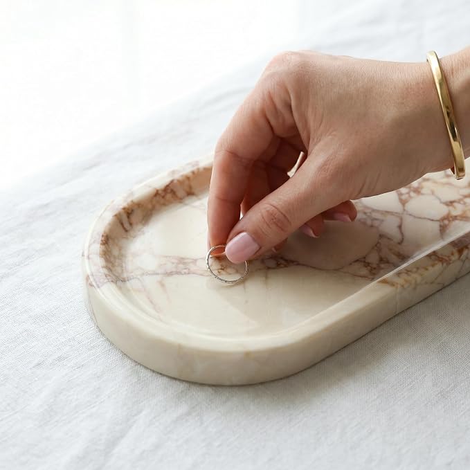 OOBOOB Oval Natural Marble Bathroom Tray for Decor Countertop, Marble Vanity Tray for Candles Perfume, Jewelry, Cosmetics, Elegant Vanity Organizer for Jewelry, Perfume