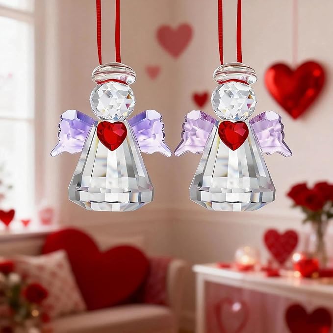 HDCRYSTALGIFTS Set 2 Crystal Guardian Angel Figurines Collectibles,2.5'' Glass Angel Ornaments for Galentines/Valentine’s Day Home Dollhouse Statues Decor Gifts for Women