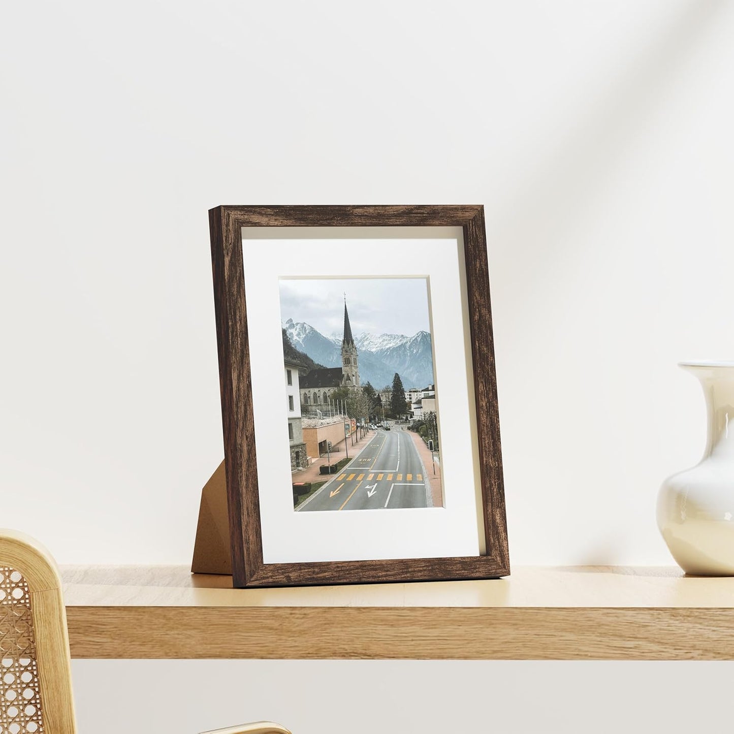 Vittanly 8.5x11 Picture Frames Set of 9, Shatter Resistant Plexiglass, Display 6x8 Pictures with Mat or 8.5x11 without Mat, Photo Frames for Wall or Tabletop, Engineered Wood, Brown