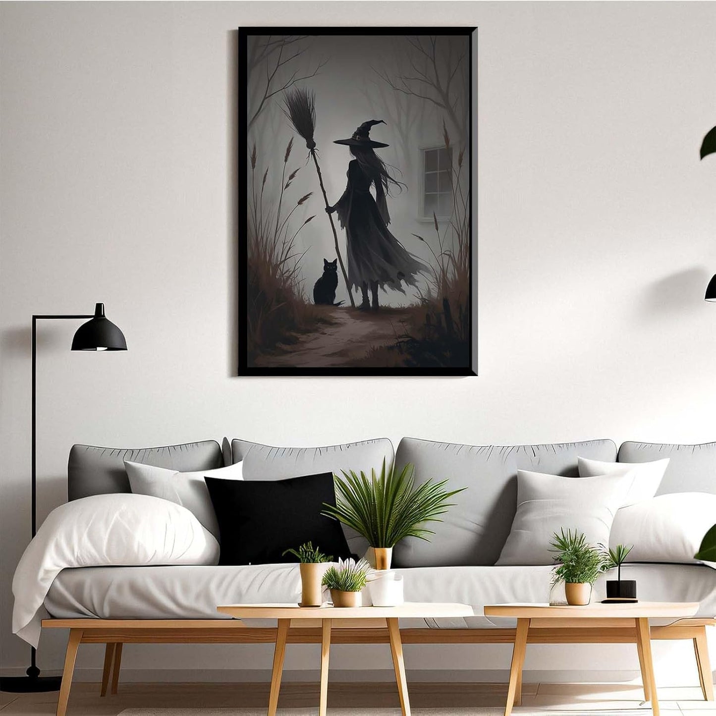 JFHCQJPK Vintage forest witch and black cat poster Halloween mural poster decoration mural art magic suitable for home living room bedroom20x30in Metal blackFramed
