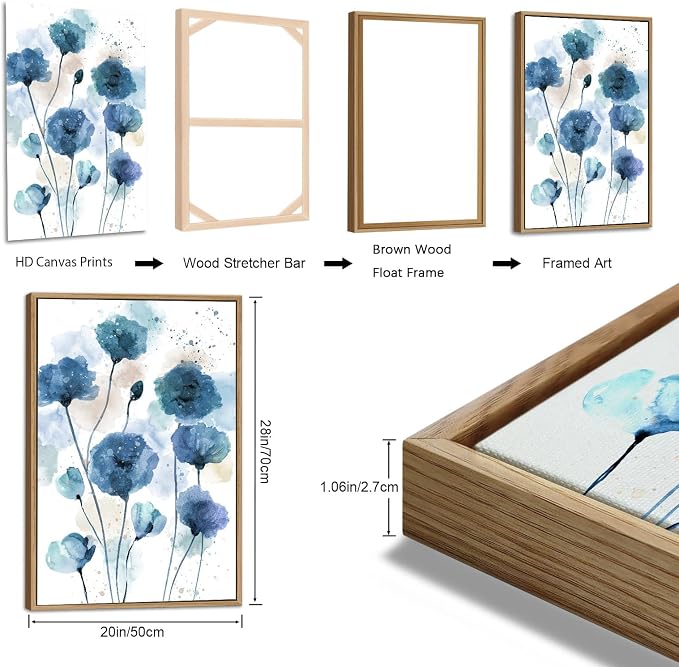 Large Flowers Wall Art for Living Room Natural Wood Float Framed Art Set of 3 Blue Floral Canvas Pictures Abstract Artwork Blossom Canvas Prints for Bedroom Kitchen Home Office Wall Decor 20"X28"X3