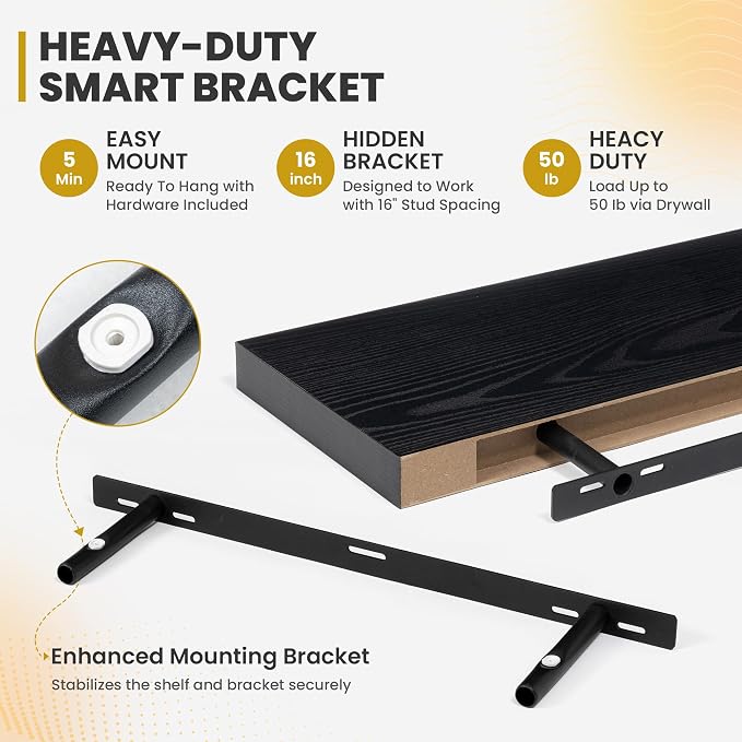 Acovy 24 Inch Floating Shelves, 9.3" Deep Floating Shelf Wall Mounted, 24" Wall Shelves, Rustic Deep Bookshelf, Large Display Shelves & Storage Shelves for Bedroom, Living Room, Black, Set of 2
