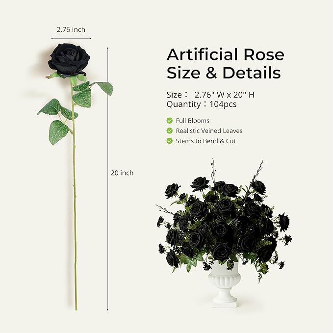 Auihiay 104PCS Black Roses, Realistic Silk Velvet Fake Roses, Vivid Artificial Black Rose Bouquet for Gothic Wedding, Bridal Bouquet, Party Backdrop, Home Decor, Valentine's Day, DIY Floral Crafts