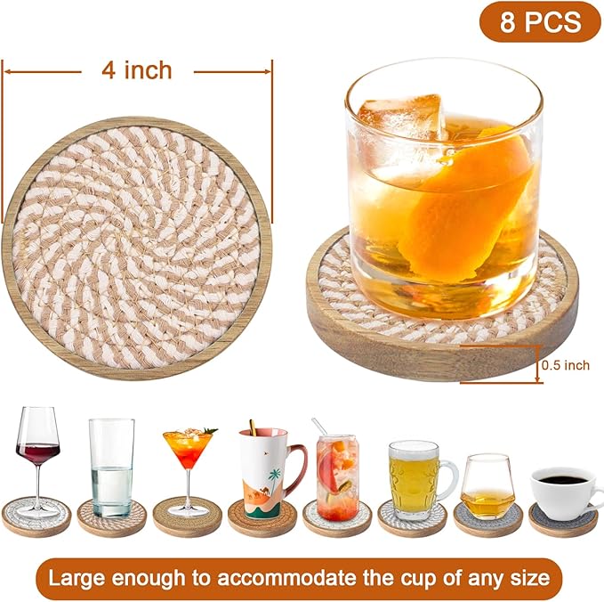 Eykao Coasters for Drinks Absorbent Sets of 8, Woven Coasters with Holder, Wood Coasters for Coffee Table, Housewarming Gift for Farmhouse Home Decor, 4 inches Brown & Gray