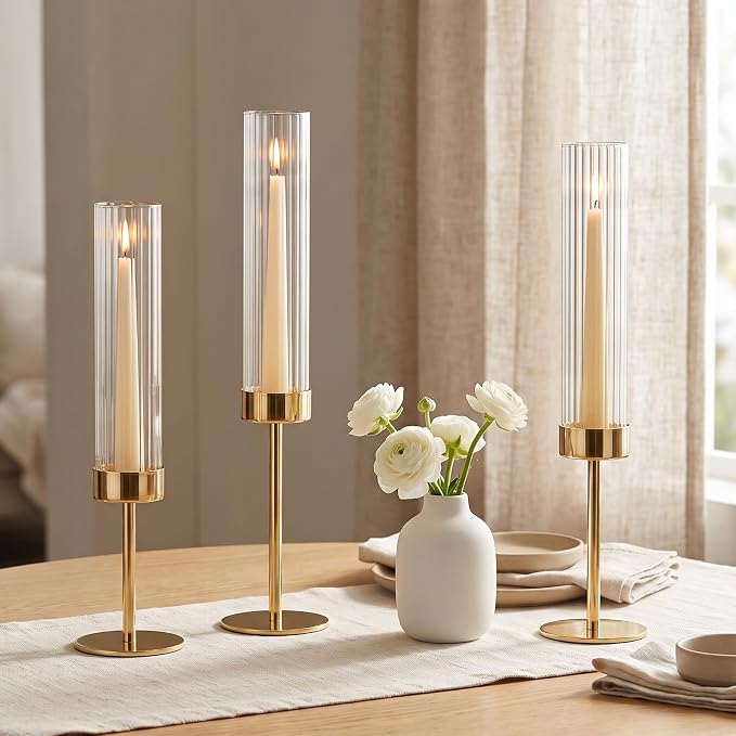 Gold Hurricane Taper Candle Holders,2 Sets(6 Pcs) Brass Tall Candlestick Holders with Ribbed Glass Cylinder, Table Centerpiece Decor for Wedding, Party, Halloween,Christmas & Home Decoration