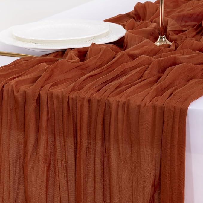 Socomi Terracotta Easter Spring Fall Cheesecloth Table Runner Boho Rustic Farmhouse Gauze 120 inch 10FT Cheese Cloth Runner for Wedding Party Baby Shower Birthday Home Decor Holiday Decorations