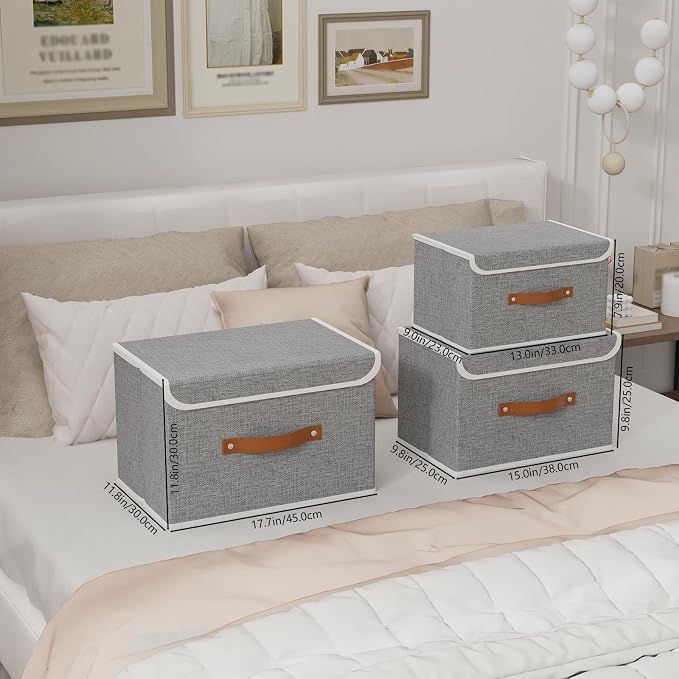 Yawinhe Collapsible Storage Bin, Cube Organizer Basket, Fabric Box with Lids, Washable and Leather Handle, for Home, Closet, Grey, 15.0''Lx9.8''Wx9.8''H, 7-Pack, USNK024GL-7