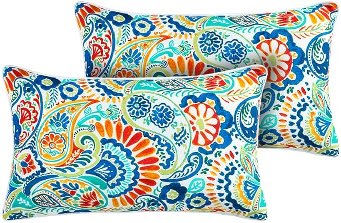 Magpie Fabrics Set of 2 Lumbar Throw Pillow with Insert 12x20 Inch, Outdoor Rectangular Waterproof Home Decorative Toss Cushion for Patio Garden Car Office - Paisley Multi
