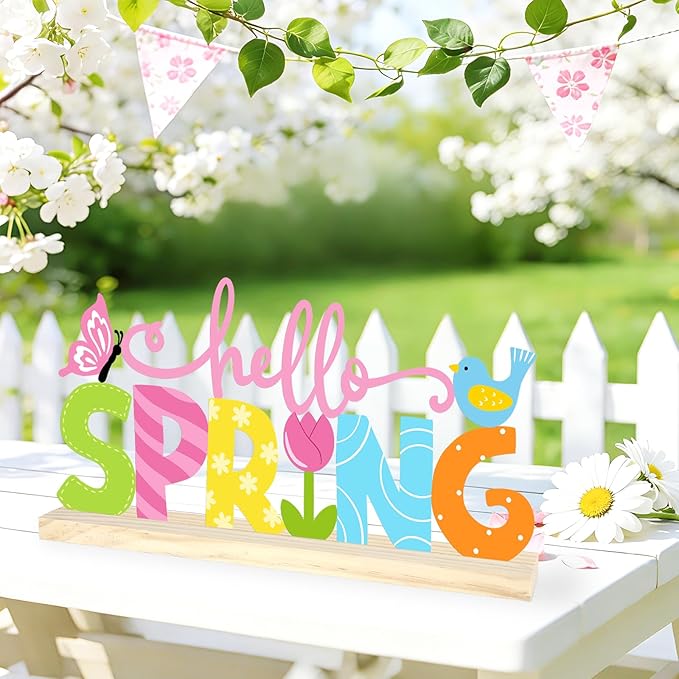 Metal Hello Spring Table Sign, Hello Spring Tabletop Decoration with Wood Base, Springs Table Centerpiece Decor for Home, Office, Shelf, Indoor, Mantel Party Supplies