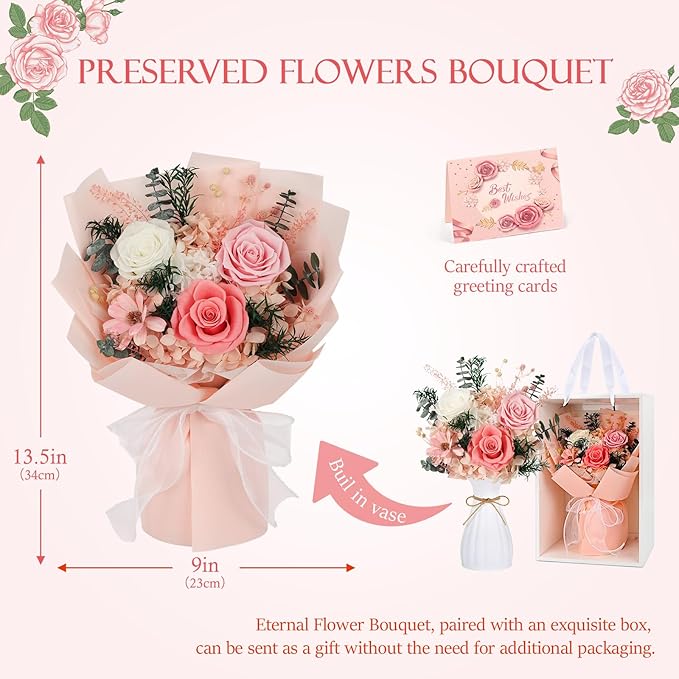 Flowers for Delivery Prime Preserved Flowers Bouquet with Vase That Last 3-5 Years Real Forever Flowers Pink Rose Bouquet for Mom Mother Women Wife Friends Birthday Mothers Day Gifts