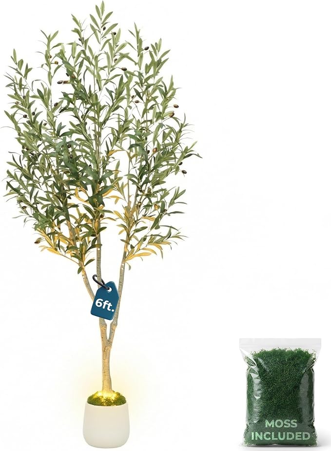 6ft Lifelike Artificial Olive Tree with Light, White Pot, Moss & LED | 943 Vein-Detailed Leaves · 52 Olives · 4ft Wired USB LED with Switch · Moss Included · Shapeable Branches · Zero Maintenance