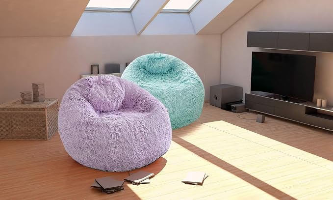BCU Bean Bag Chair Cover Ultra Soft Fluffy Faux Fur Beanbag Cover Plush Living Room Chairs Cover for Adults and Kids, Beige