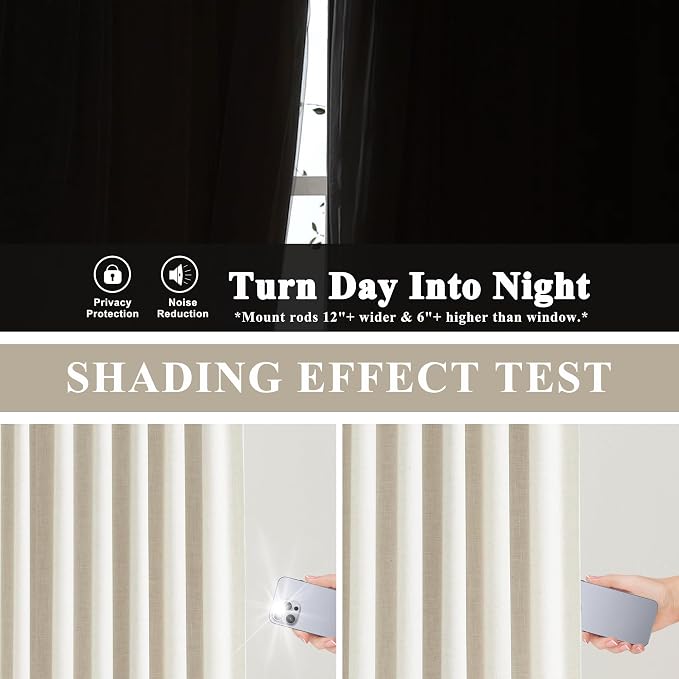 Vision Home Natural Pinch Pleated Full Blackout Curtains Linen Blended Room Darkening Window Curtains 95 inch for Living Room Bedroom Thermal Insulated Pinch Pleat Drapes with Hooks 2 Panel 40"Wx95"L