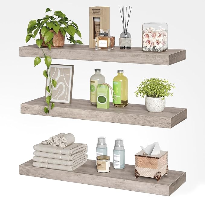 RALGEND Floating Shelves for Wall, 1.5" Thick Wall Shelf Set of 3 with Invisible Brackets, 23.6L x 7.9W Hanging Book Shelves Farmhouse Home Decor for Bathroom, Living Room, Bedroom, Greige 6301BJP3BG