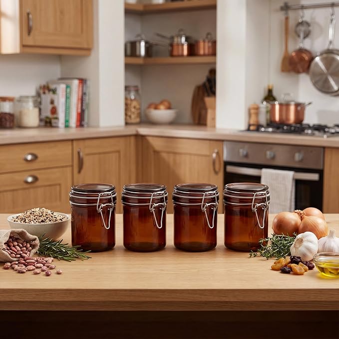 Norme 12 Pack 8oz Amber Airtight Glass Jars with Lids, Round Food Storage Container Airtight Food Wire Clip Fastening for Sauerkraut Flour Kitchen Sugar Cereal Kitchen Canning Pickling Mason Jars