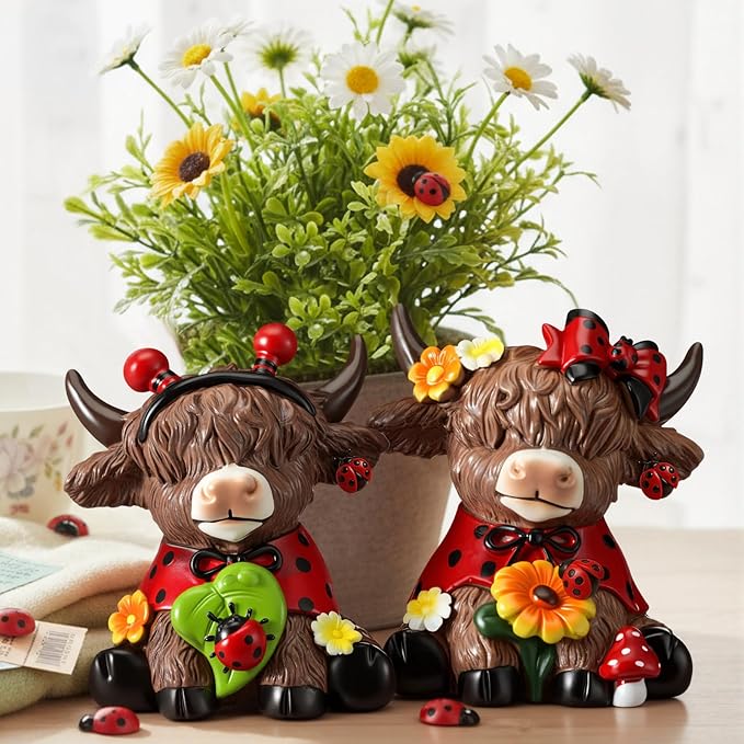 Karenhi 2 Pcs Spring Ladybug Highland Cow Figurines, Summer Ladybird Cute Resin Cow Decoration Statue Calf Gifts for Home Garden Kitchen Office Tiered Tray Table Decor
