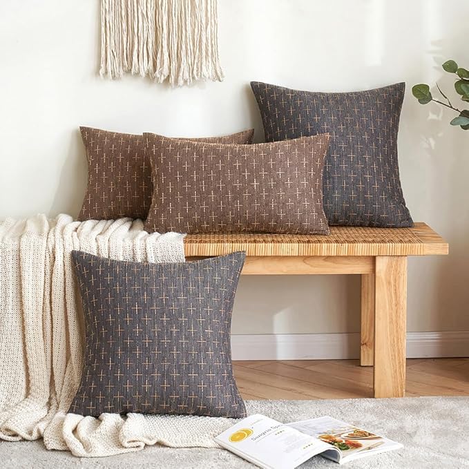 MIULEE Pack of 2 Decorative Vintage Burlap Linen Brown Throw Pillow Covers Modern Farmhouse Pillowcase Rustic Woven Textured Cushion Cover for Sofa Couch Bed 12x20 Inch Dark Coffee