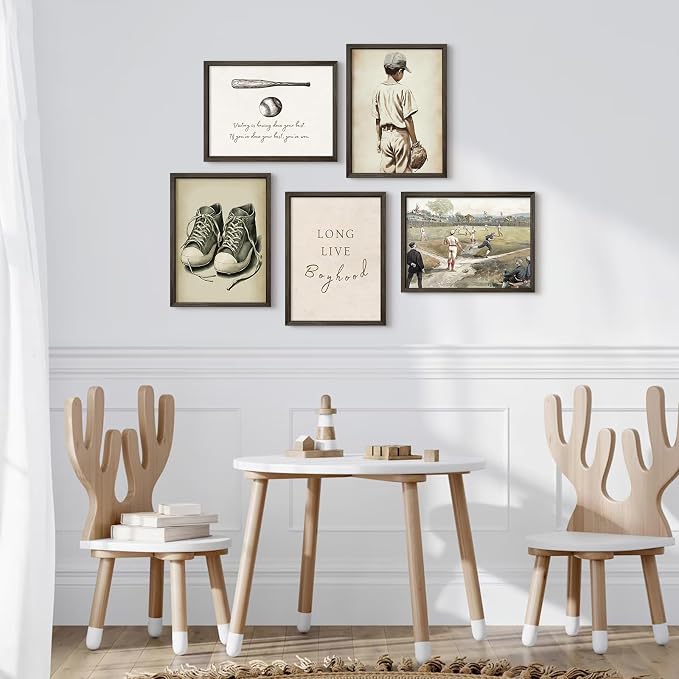 Baseball Nursery Wall Art Decor Vintage Boys Room Canvas Posters Sports Boy Pictures Baseball Vintage Nursery Painting Neutral Sport Kids Room Prints Wall Art for Bedroom 12x16x5 Inch Wood Framed