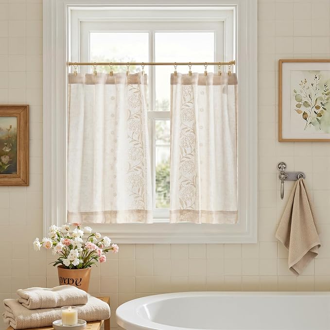 jinchan Winslow Linen Kitchen Curtains 36 Inch Length Small Window Curtains Embroidered Bordered Floral Drapes Light Filtering for Bathroom Laundry Room Farmhouse Decor White on Beige 2 Panels