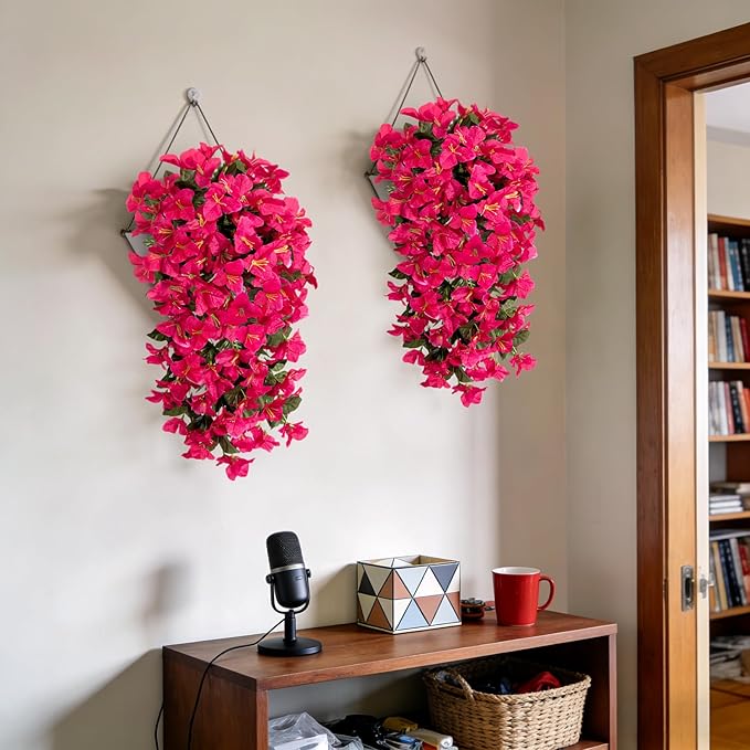 Fake Bougainvillea Artificial Flowers for Outdoors Decoration 2 pcs Faux Hanging Flowers Plants for Outdoor Planters UV Resistant Silk Bougainvillea Vines for Front Door Porch Urn Patio Garden