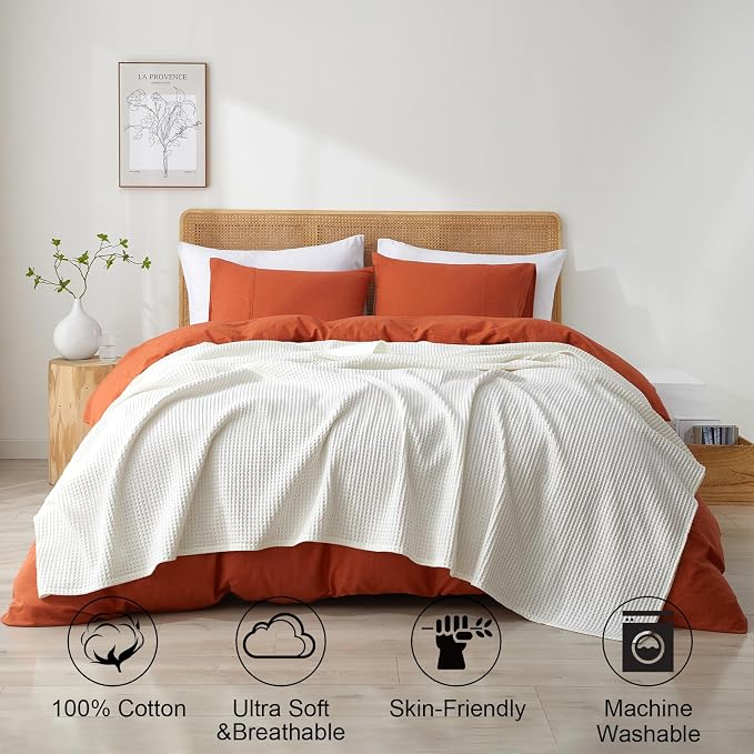 PHF Pre-Washed 100% Cotton Waffle Weave Blanket King Size for Bed,Snag Proof Throw Blanket for Couch Spring Summer Lightweight Breathable,Machine Washable, Home Decor Gift - Cream