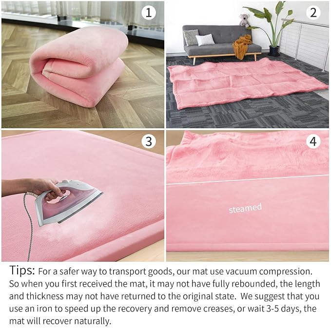 2" Thick Play Mat for Babies Toddlers,Extra Safety Anti-Fall Cushion Mat, Non-Slip Water-Repellent Coral Velvet,28"x72" Bedside Rug for Kids Room (Pink)