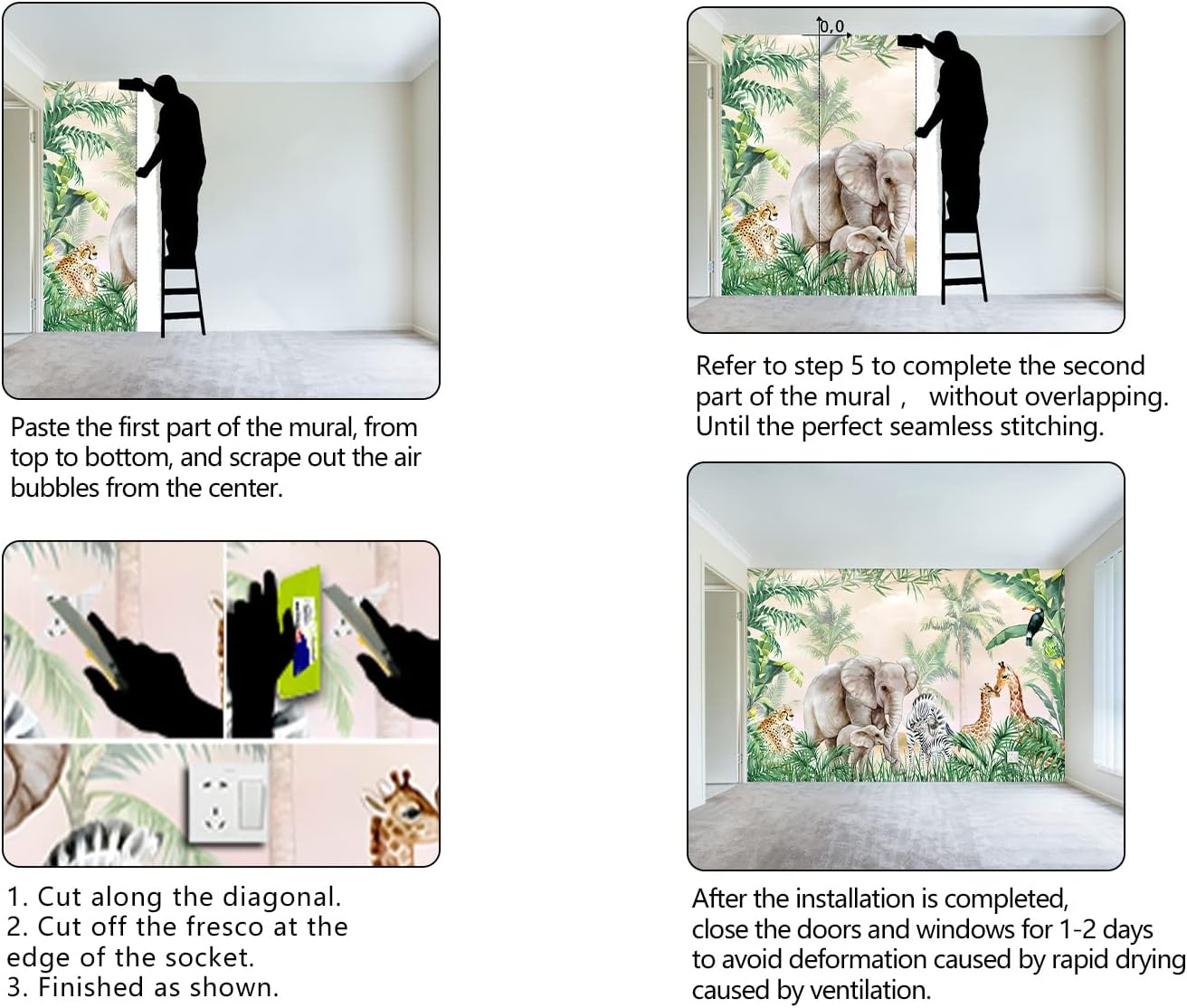 Tropical Animal Plants wallpeper Nursery Kids Bedroom Elephant Wall Mural - 137"x96"(Not Peel and Stick)