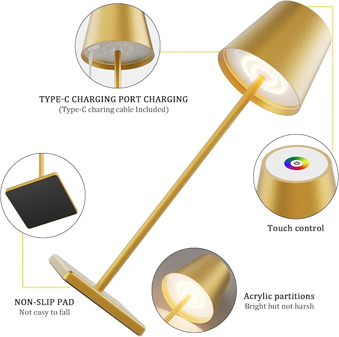 2-Pack LED Cordless Table Lamp with RGB & Stepless Dimming, 5000mAh Rechargeable Desk Lamps Battery Operated Table Light Stepless Dimmable Portable Table Lamp for Table/Bedroom/Outdoor (Gold)