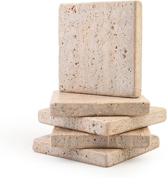 Perilla Home Handcrafted 4-4" Travertine Coaster - Set of 6 Square Coaster for Home, Kitchen or Office, Natural Absorbent Coasters for Hot & Cold Beverages Perfect Table Accessories for Modern Living