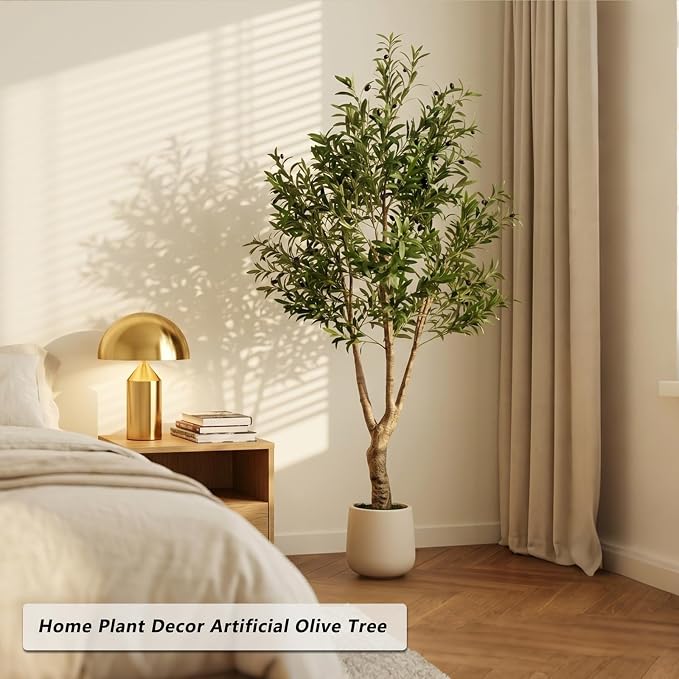 LYLYFAN Olive Tree Artificial Indoor 7FT Faux Olive Tree with White Tall Planter, Fake Olive Tree with Realistic Branches and Lifelike Fruits for Home Office Decor