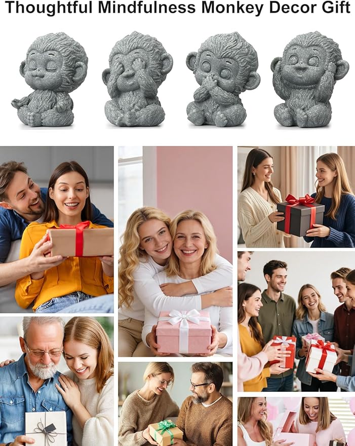 4 Piece Cute Monkey Figurine Set, Sandstone See no Evil,Hear no Evil,Speak no Evil,Do no Evil Statues, Zen Desk/Garden Decor, Mindfulness Animal Accents for Home Office