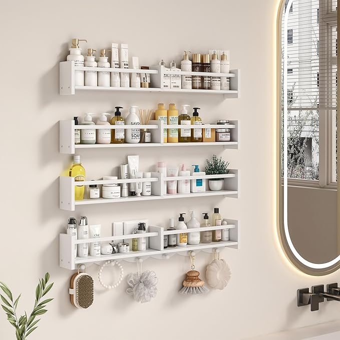 34Inch Nursery Bookshelves,Set of 4,Wall Floating Shelf Kids Coat Rack with 6Hooks,Hanging Book Shelf for Baby Nursery Room Décor ,Patent Number: 29958098(White, 34)