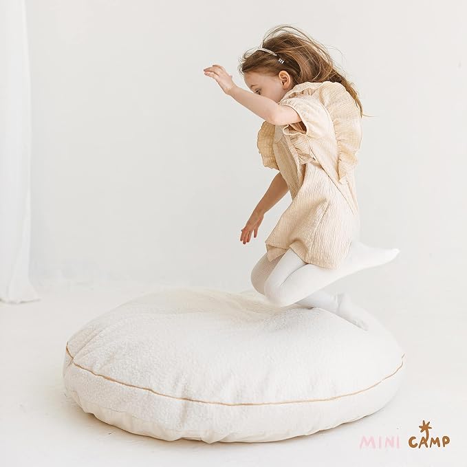 MINICAMP Large Kids Floor Cushion – Ultra Fluffy Washable Bean Bag Chair & Reading Pillow with Boucle Sherpa Cover – Soft Kids Lounger Floor Seat for Playroom, Bedroom or Nursery - Made in EU (Ecru)
