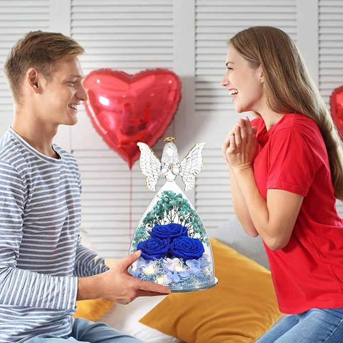 Mothers Day Rose Gifts for Women Preserved Real Flower in Glass Angel Figurines Roses for Delivery Prime Birthday Gifts for Mom Grandma Girlfriend Wife Her, Dark Blue