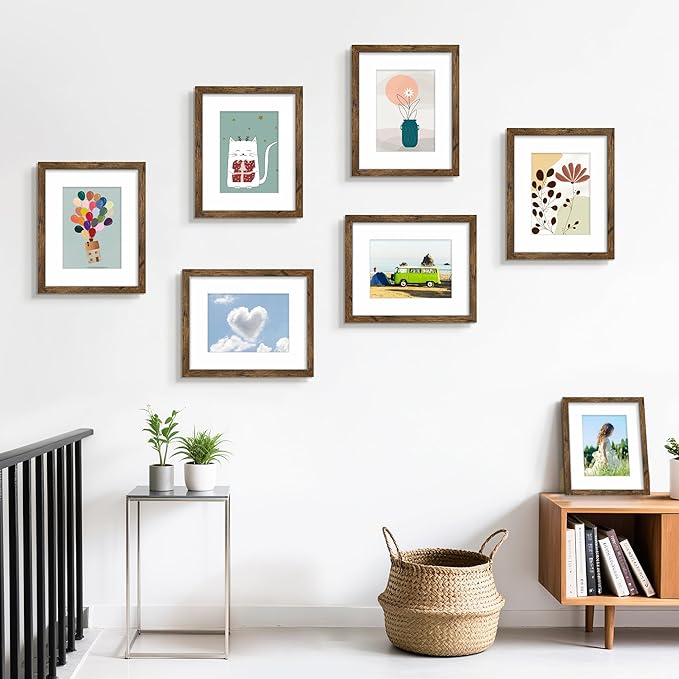 PEALSN 8x10 Picture Frame Set of 6, Display Pictures 5x7 with Mat or 8x10 without Mat for Wall Mounting or Table Top Display, Photo Frames Collage for Wall Decor, Rustic Brown